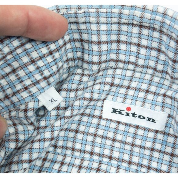 Kiton Shirt Men's XL Blue Brown Check Long Sleeve Button Up Made in Italy - Picture 3 of 14